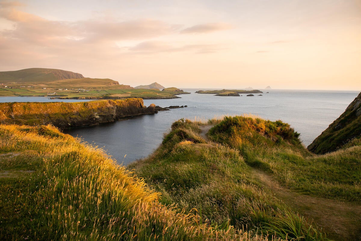 A grassy hill with a body of water and land in the background
