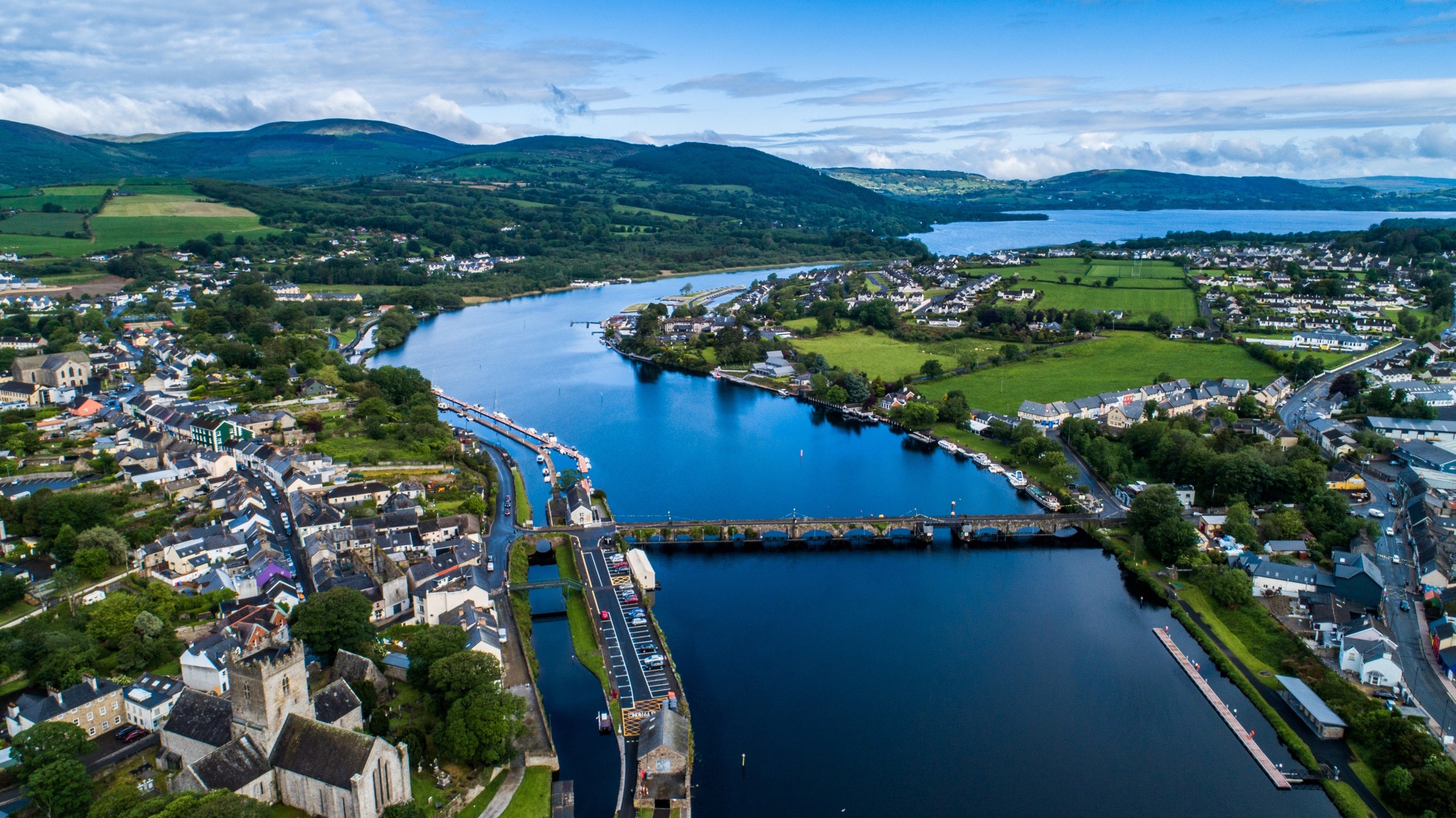 aerial view killaloe town with river shannon and lough derg