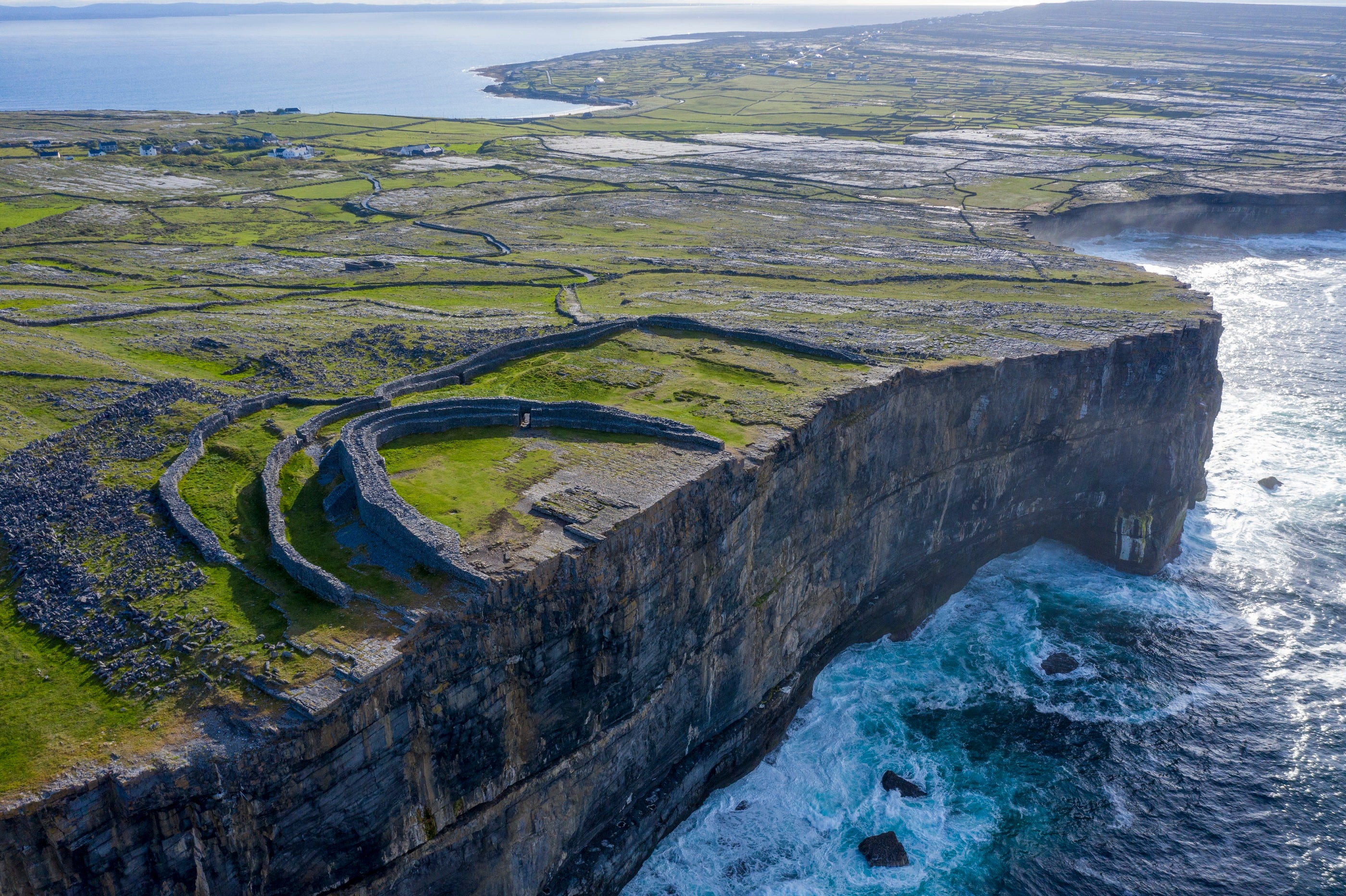 Aerial view of stone fort and coastline