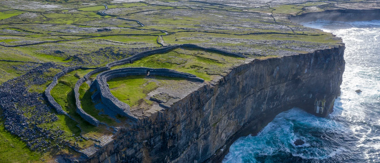 Aerial view of stone fort and coastline