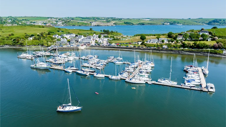 Aerial view of a group of yachts in a harbour