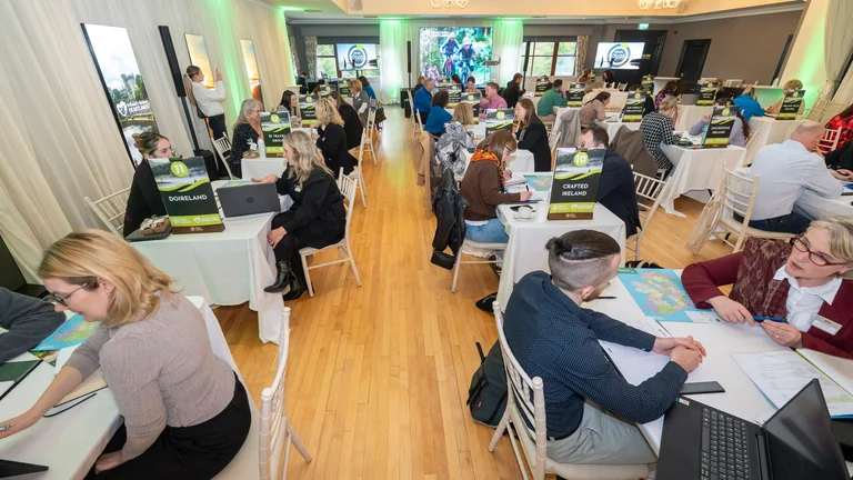 A group of people sitting at tables with laptops