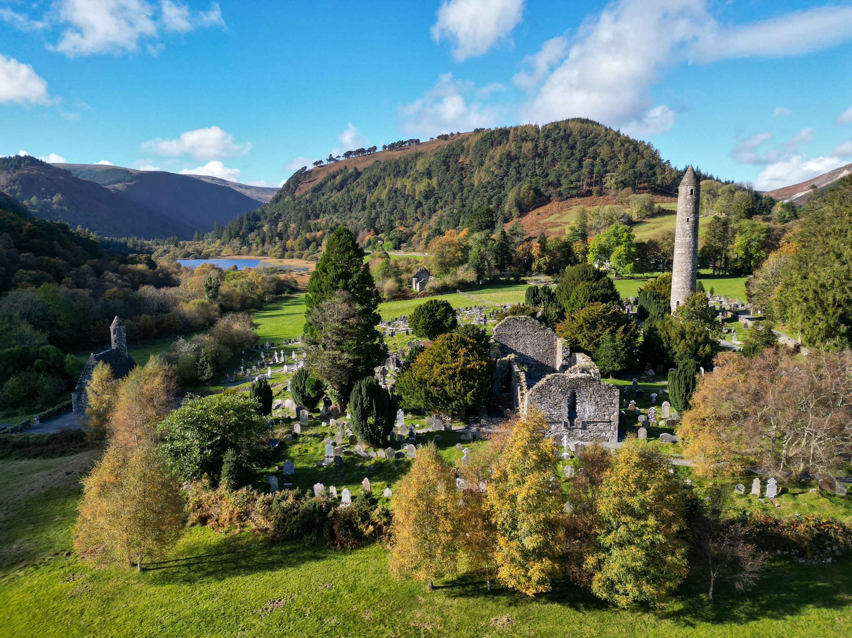 A cemetery with trees and a mountain in the background