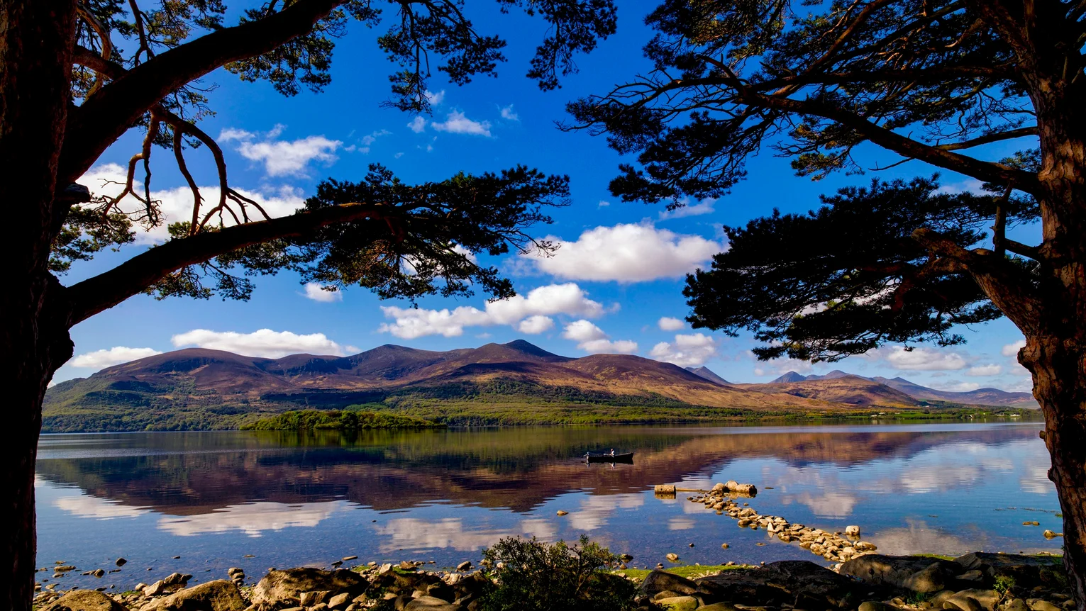 A lake with trees and mountains in the background